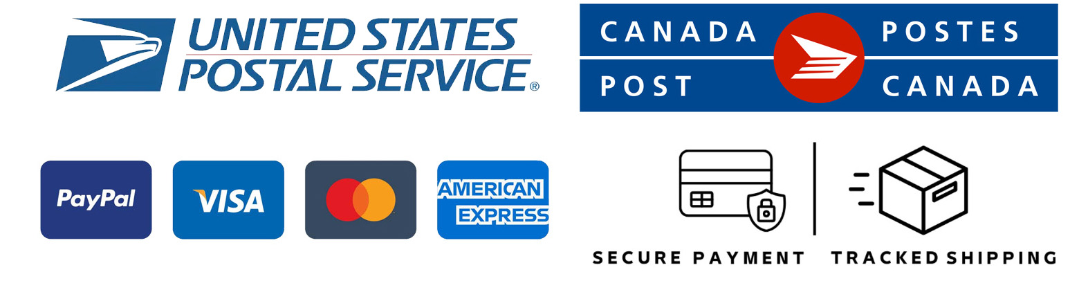 Free shipping via Canada Post, USPS, Payments accepted via American Express, Mastercard, Visa, Paypal